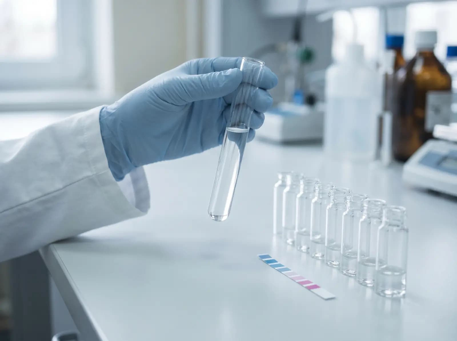 Wasserprobe und Härte-Teststreifen im Labor — professionelle Wasseranalyse