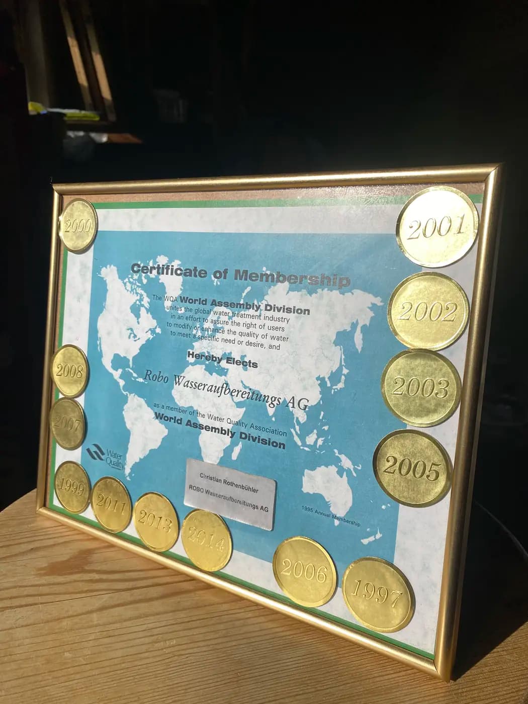 WQA Certificate of Membership, World Assembly Division — Robo Wasseraufbereitungs AG, mit Jahres-Medaillen 1997 bis 2014