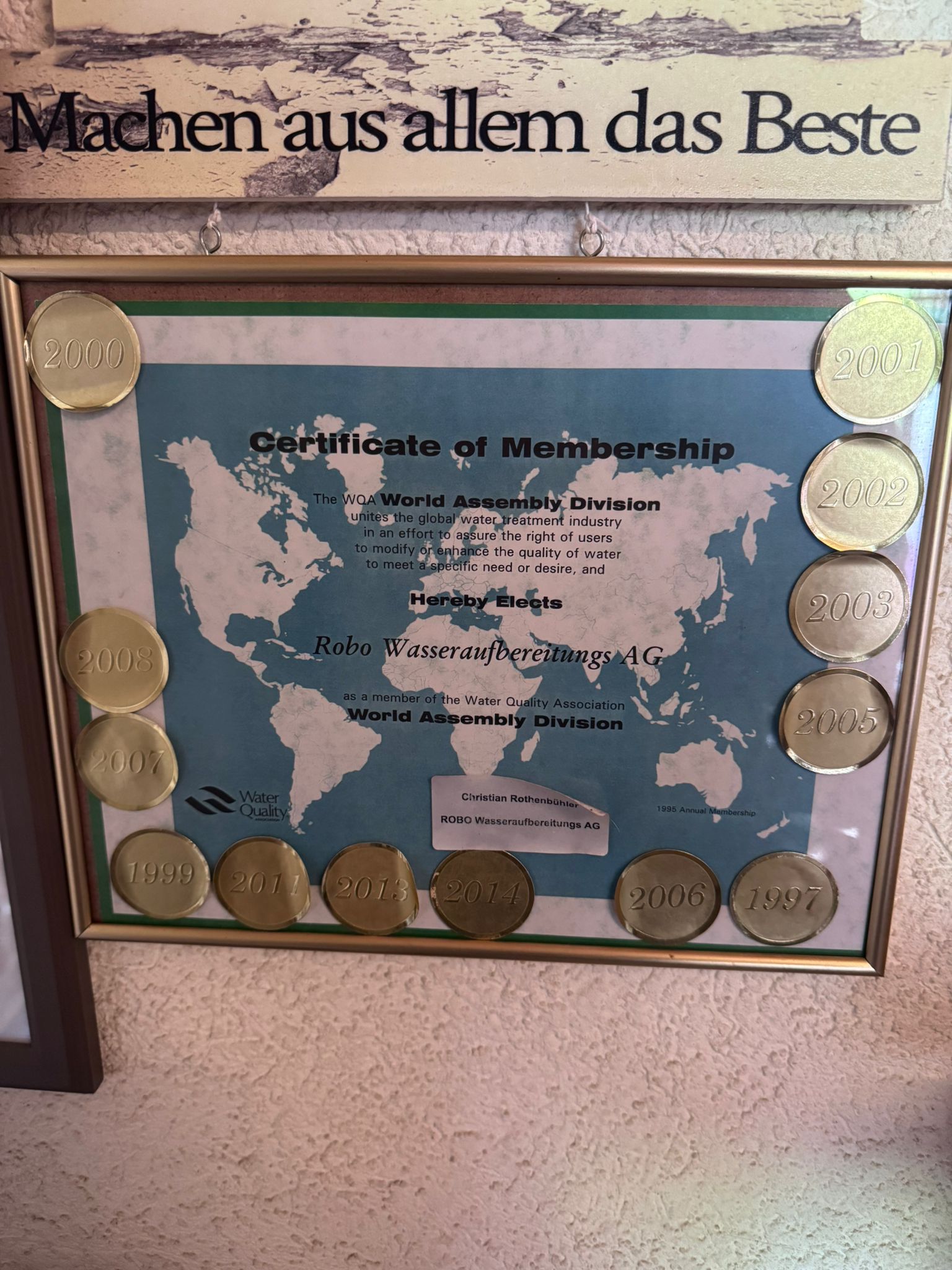Water Quality Association Certificate of Membership — World Assembly Division, Christian Rottenbühler, Robo Wasseraufbereitungs AG